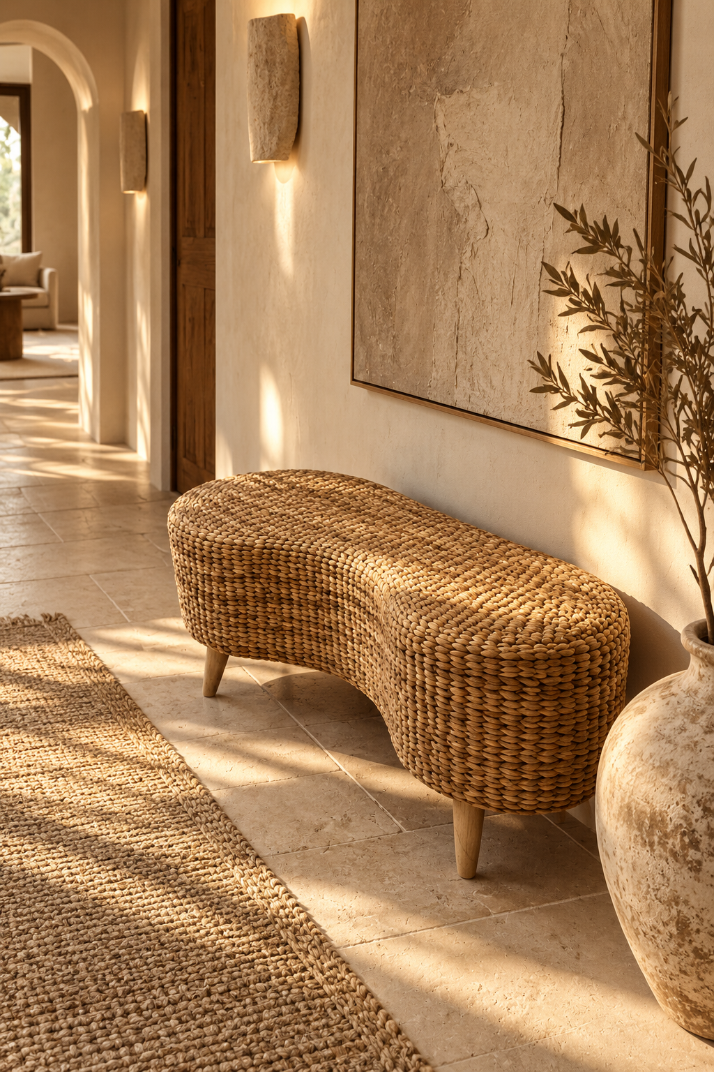 Banquette bohème en fibres naturelles tressées