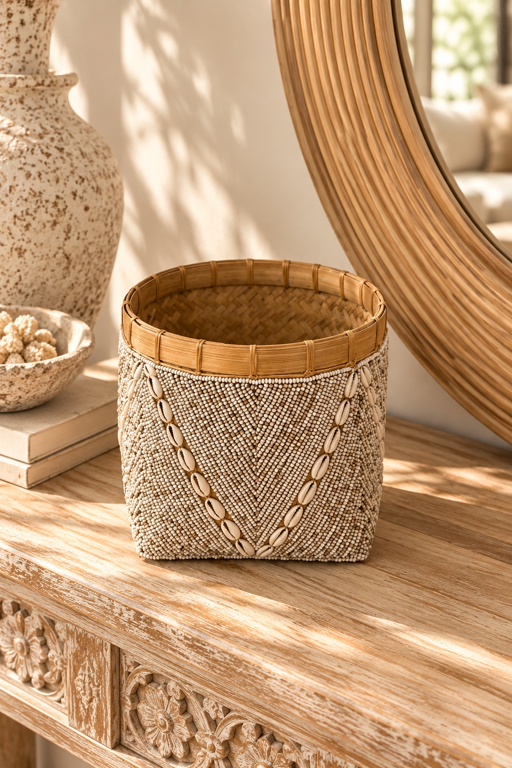 Panière décorative en perles et coquillages cauris
