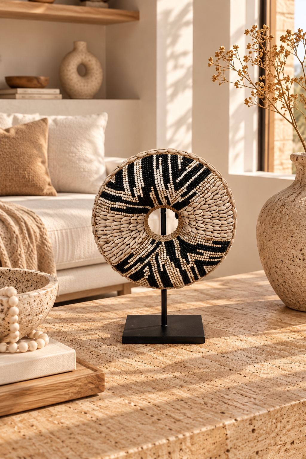 Donut décoratif en perles et coquillages sur socle