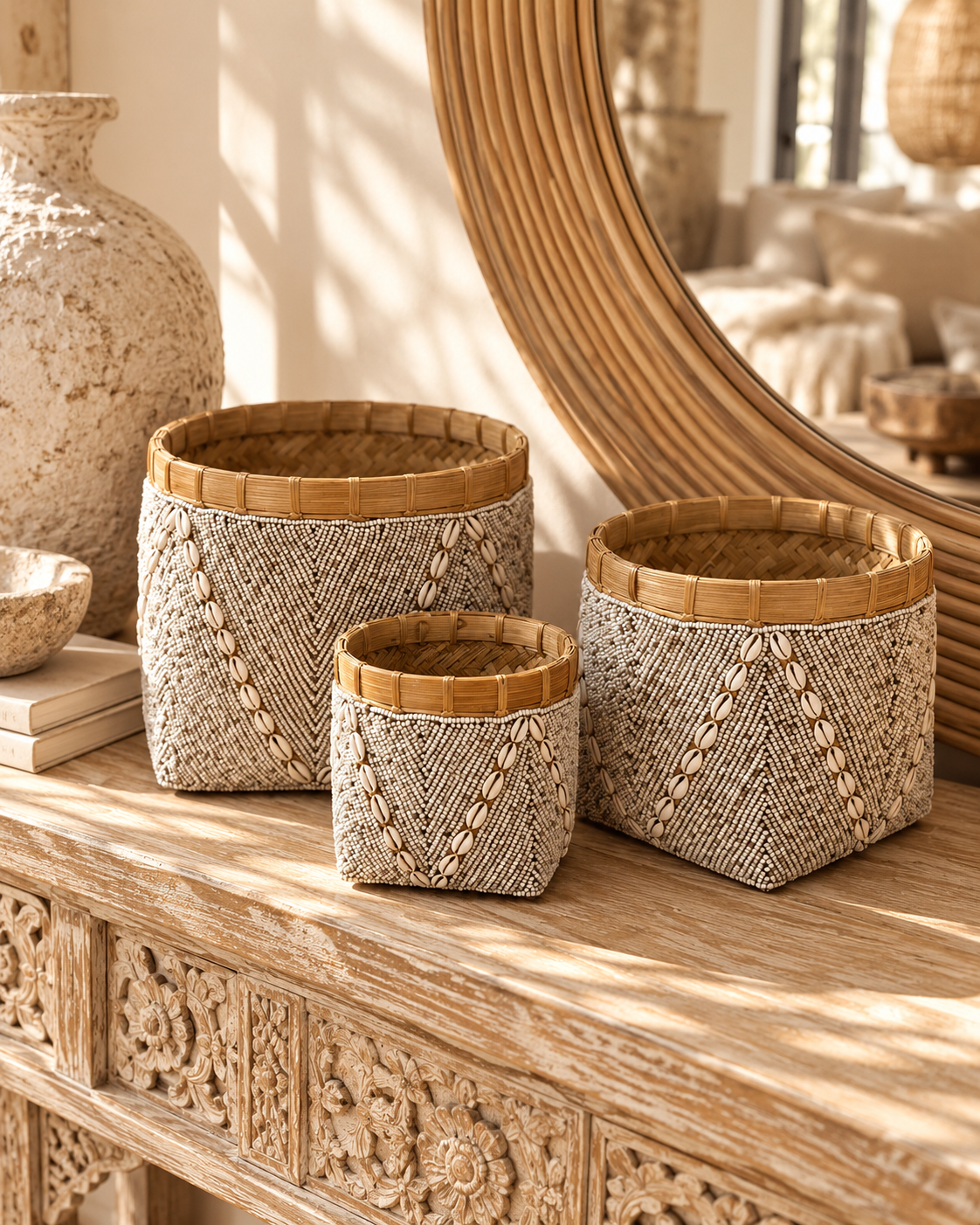 Panière décorative en perles et coquillages cauris