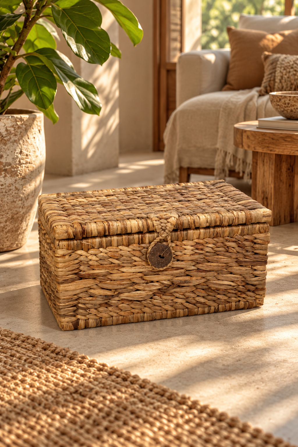 Coffre de rangement en fibres naturelles tressées