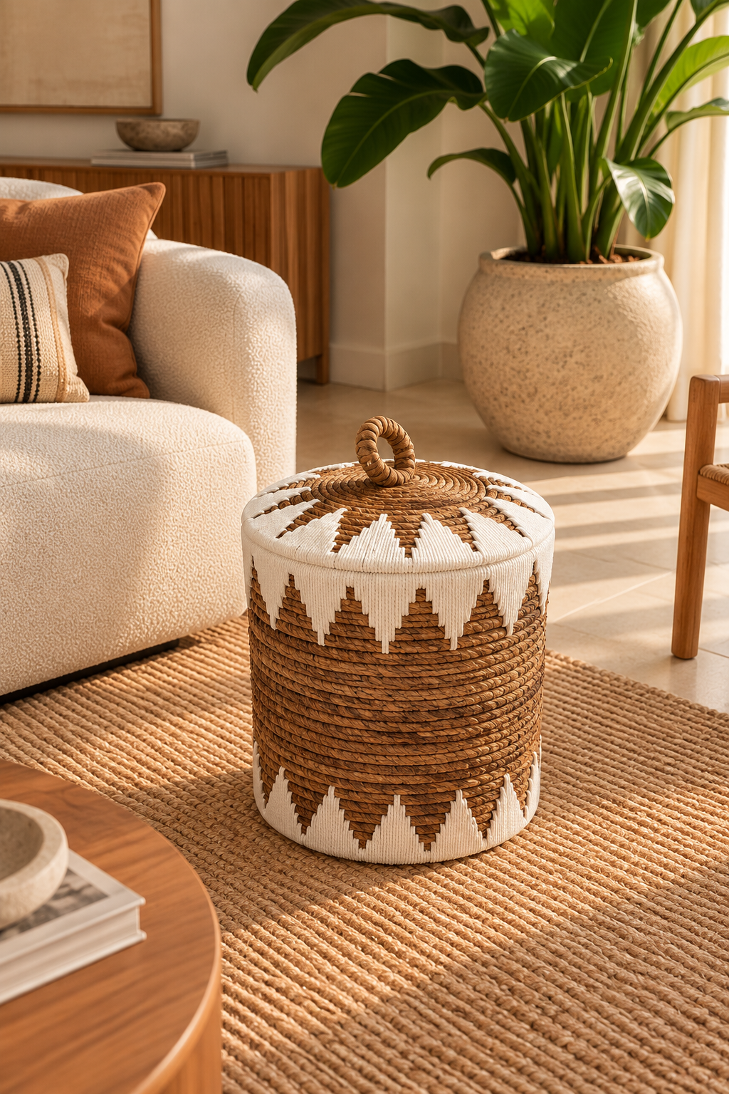 Paniers de rangement tressés avec couvercle, naturel et blanc