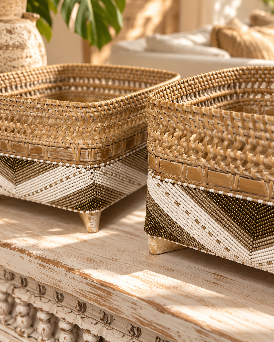 Panière de rangement tressée à motifs ethniques
