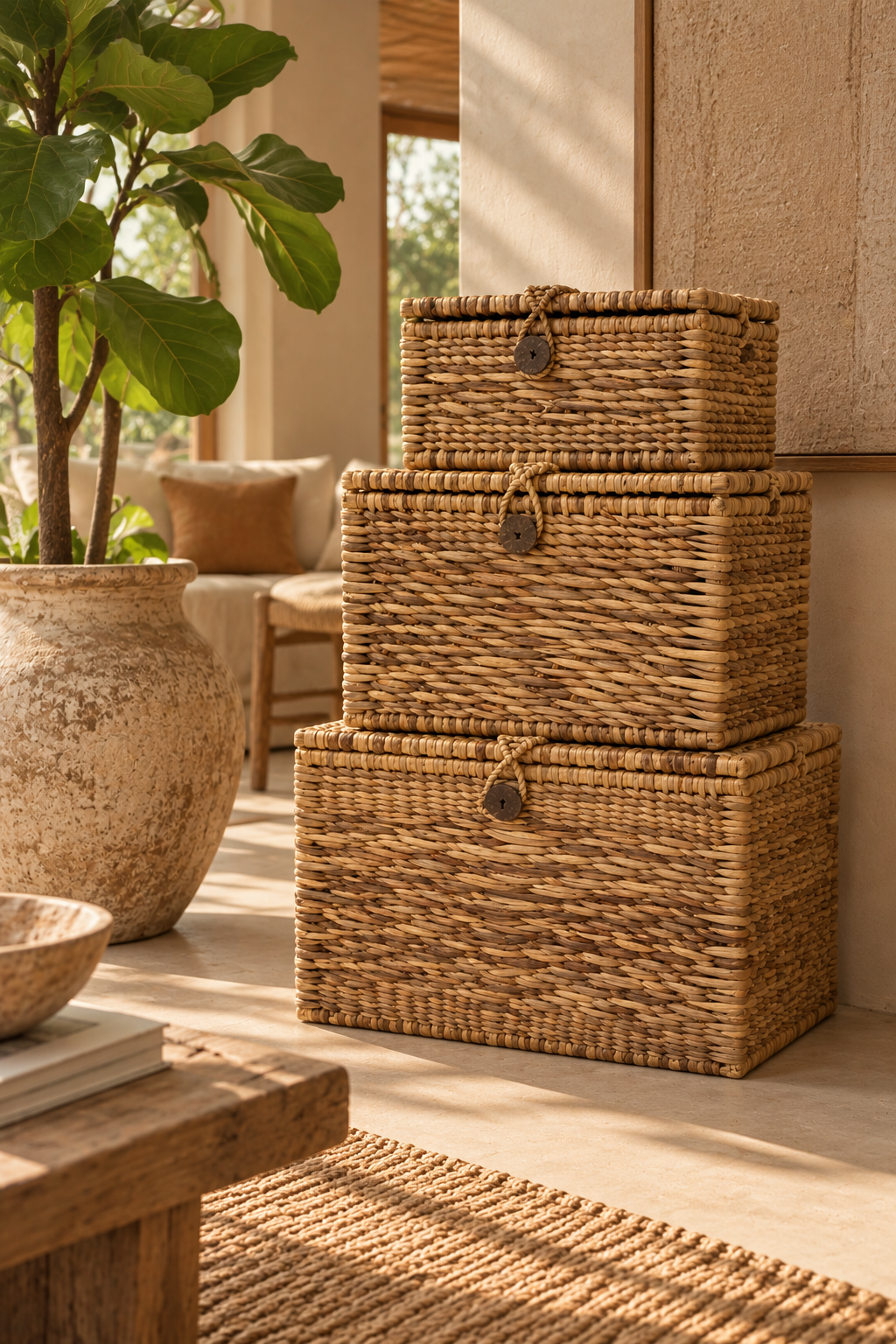Coffre de rangement en fibres naturelles tressées