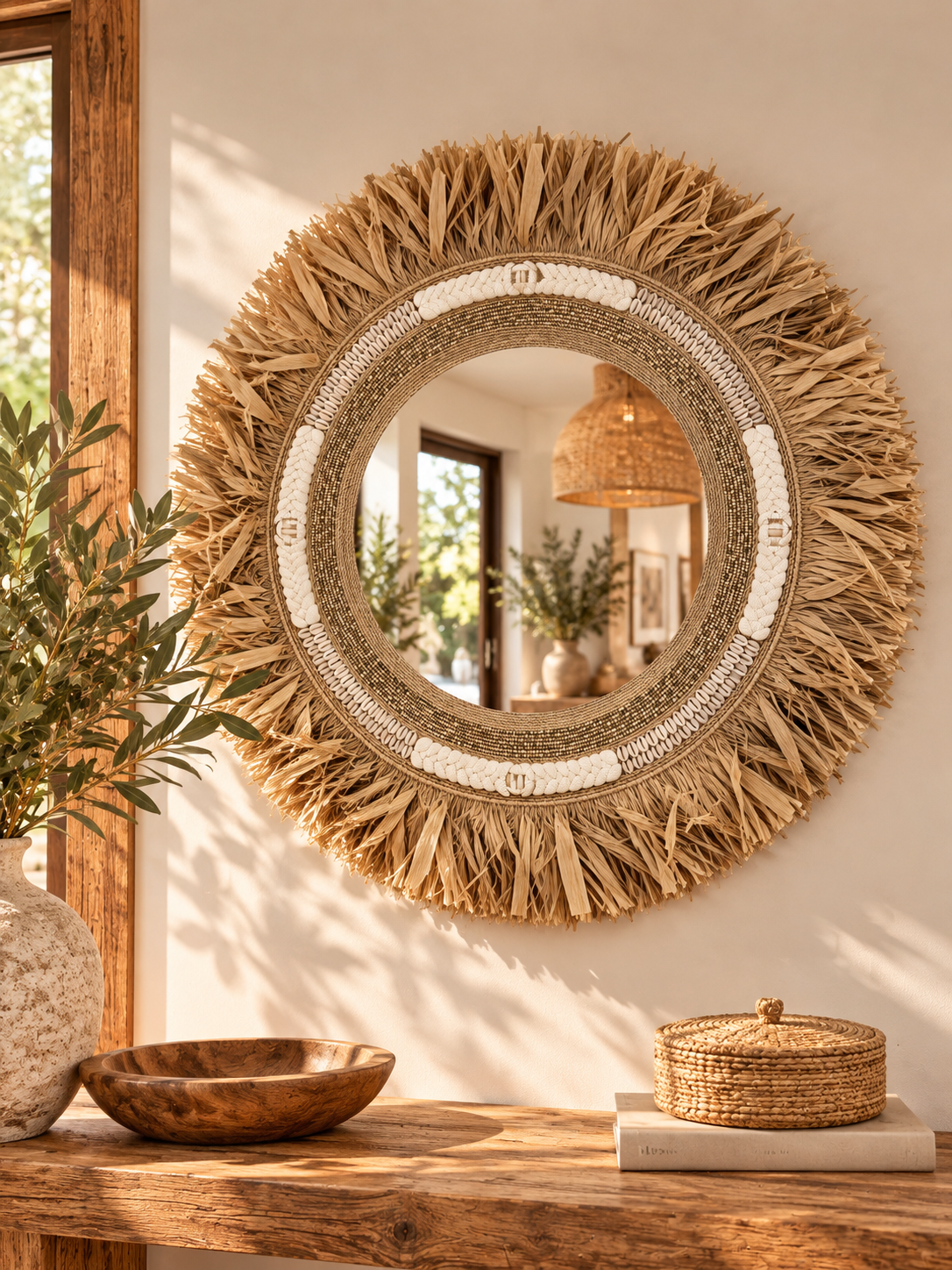 Grand miroir rond en fibres naturelles, perles et coquillages cauris | 80 cm