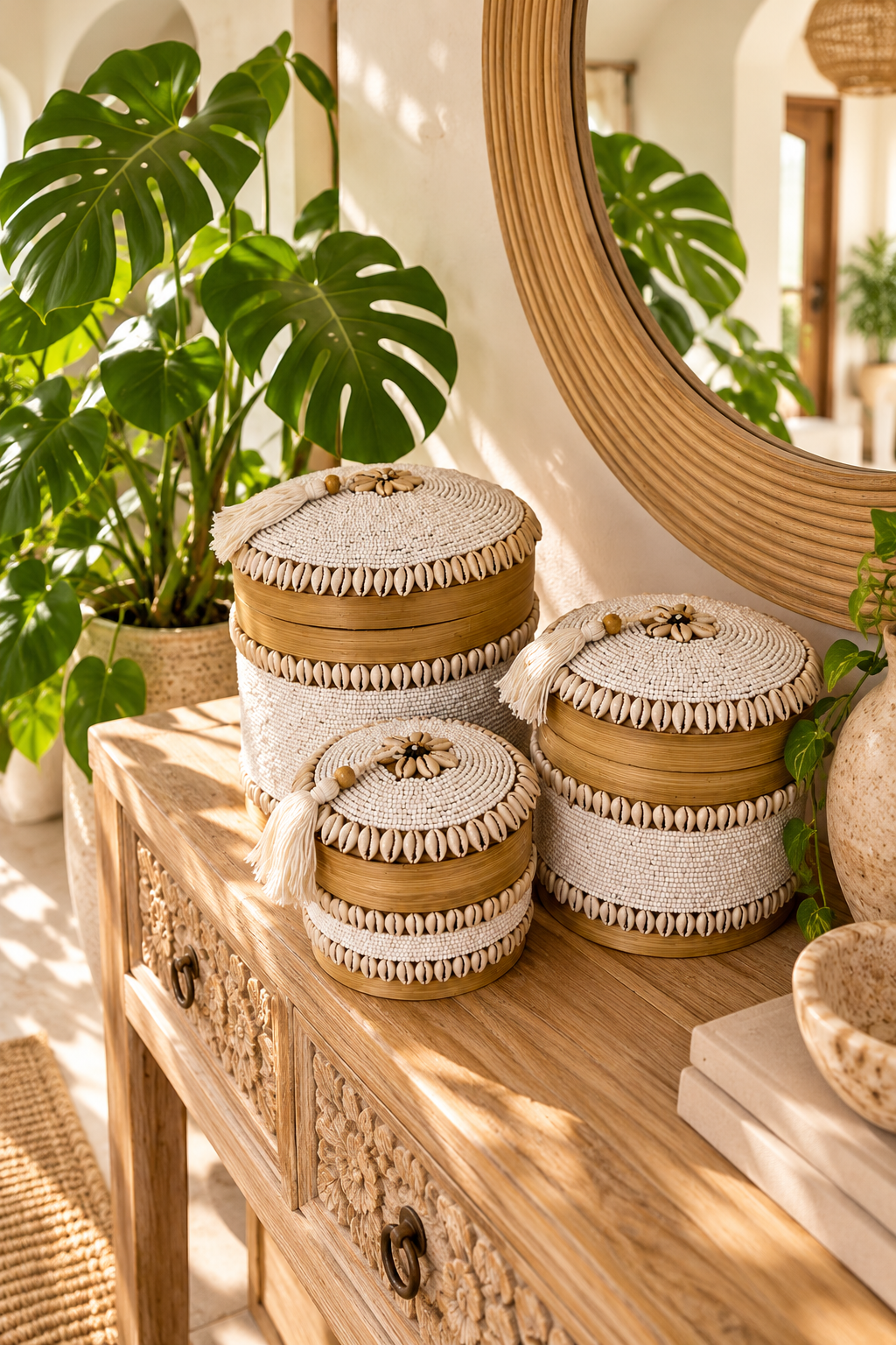 Boîte décorative ronde en bambou, perles et coquillages cauris