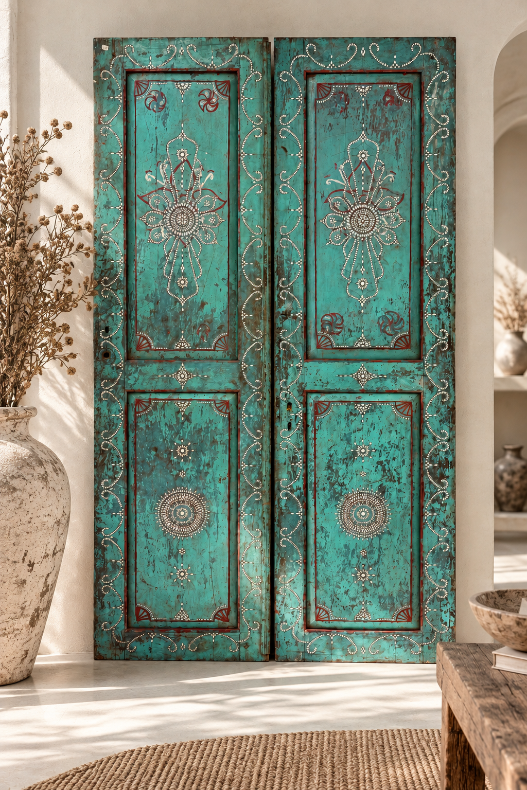Porte balinaise en bois turquoise incrustée de nacre