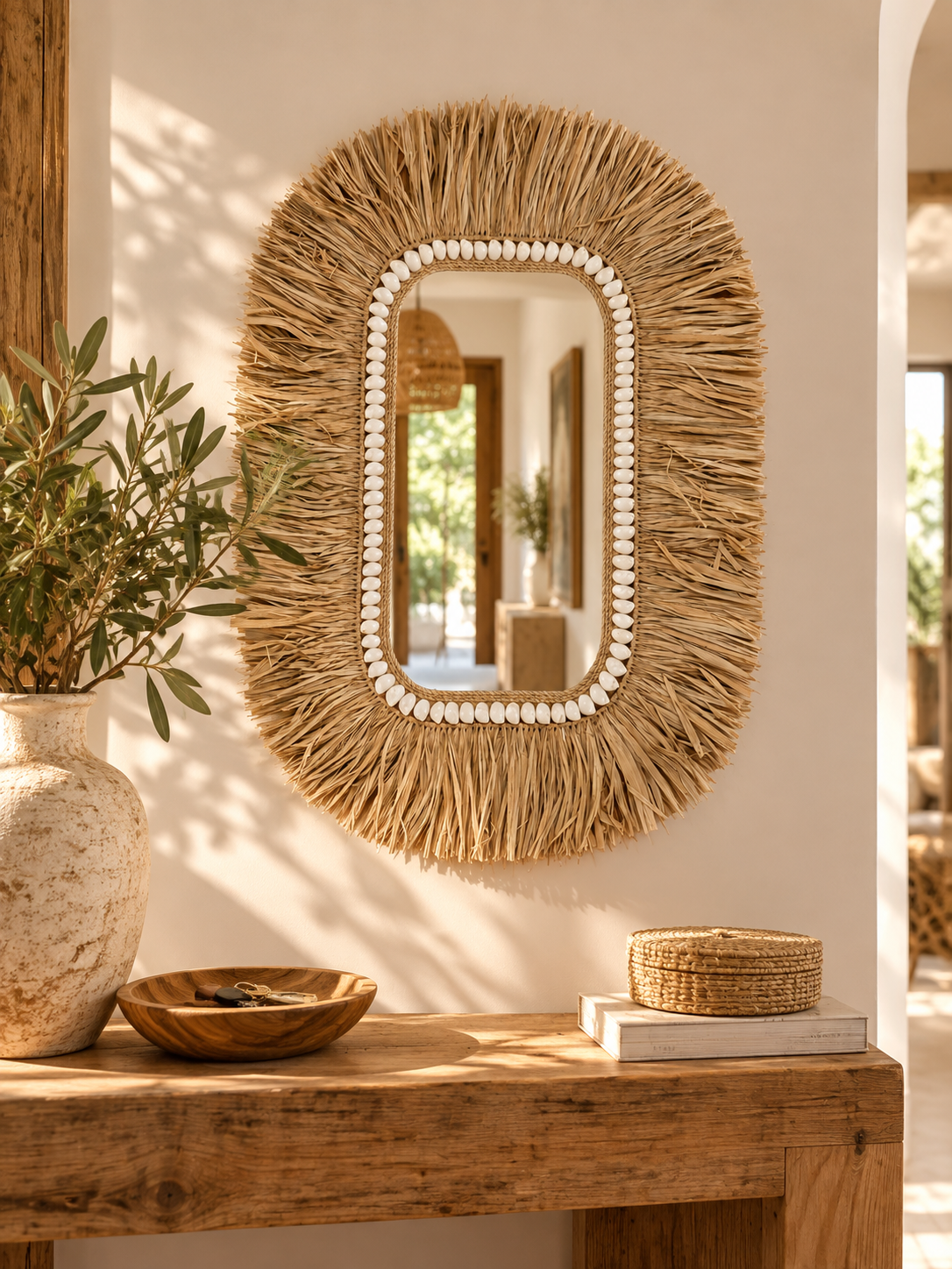 Miroir rectangulaire en fibres naturelles et coquillages cauris