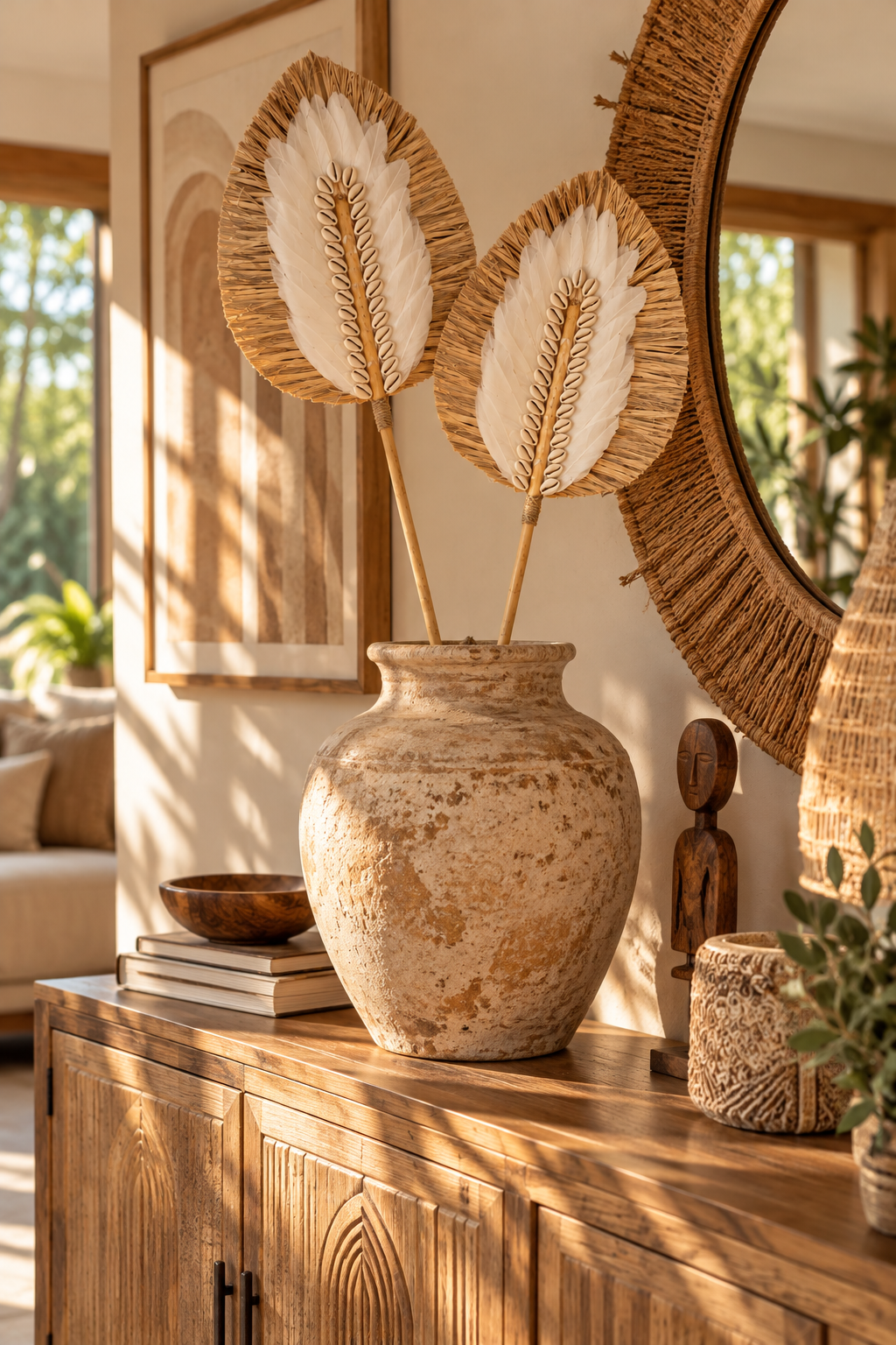 Tige décorative en plumes et coquillages cauris