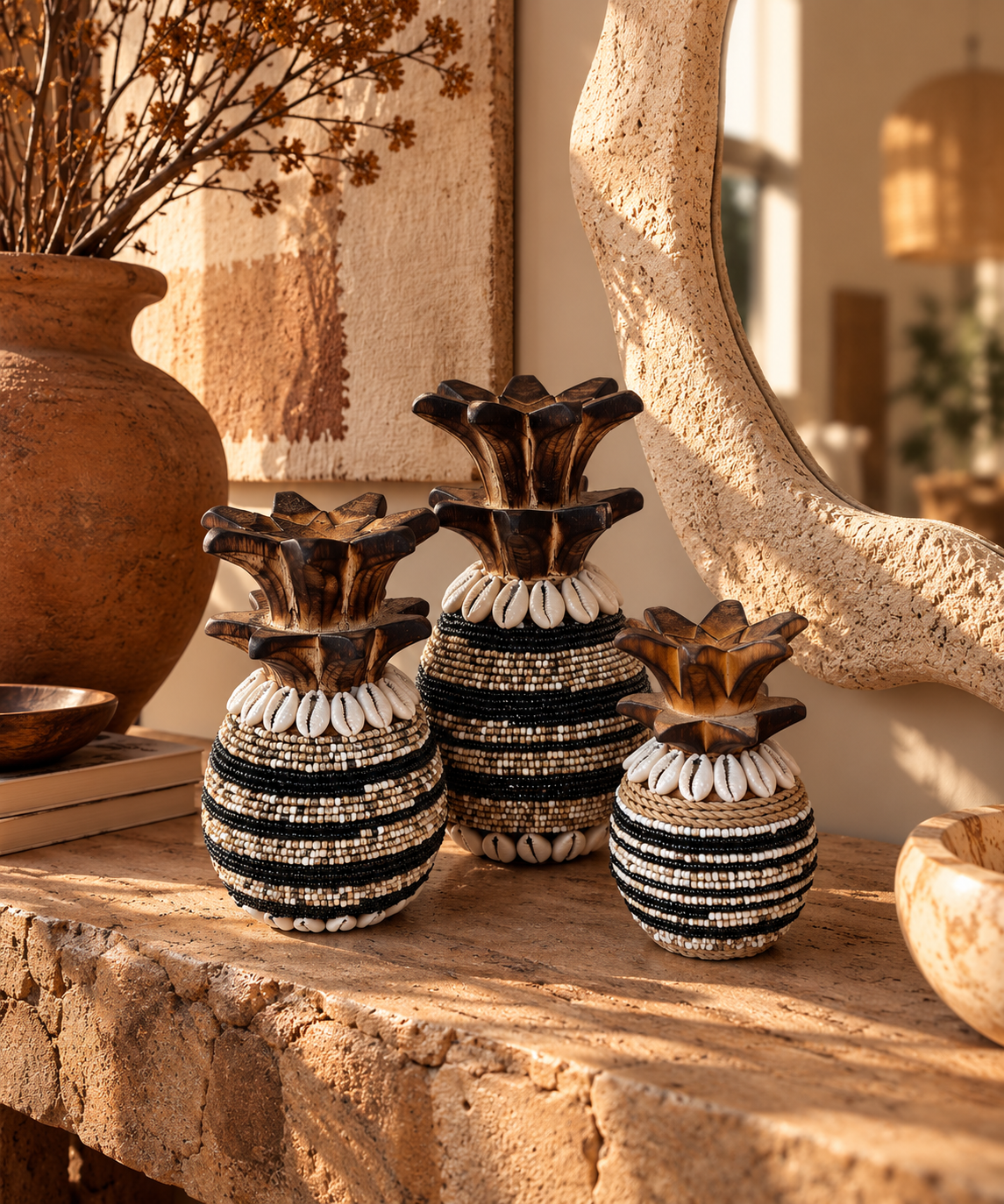 Ananas décoratif en perles et coquillages, bois brûlé