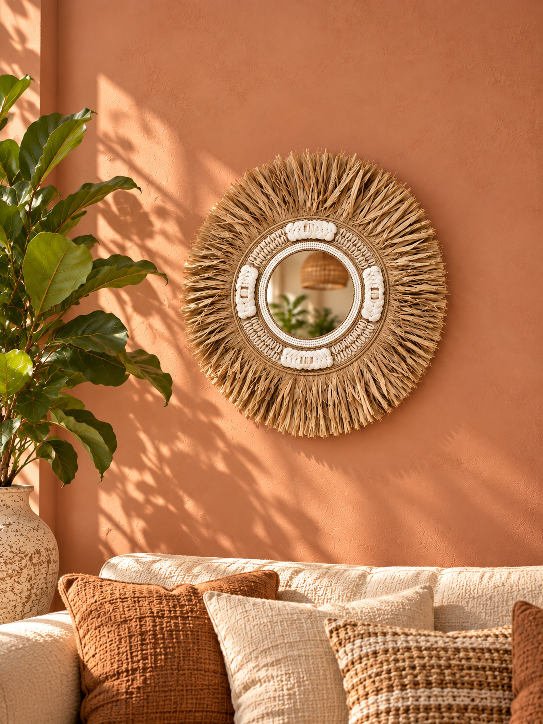 Miroir rond bohème en fibres naturelles et coquillages cauris | 50 cm