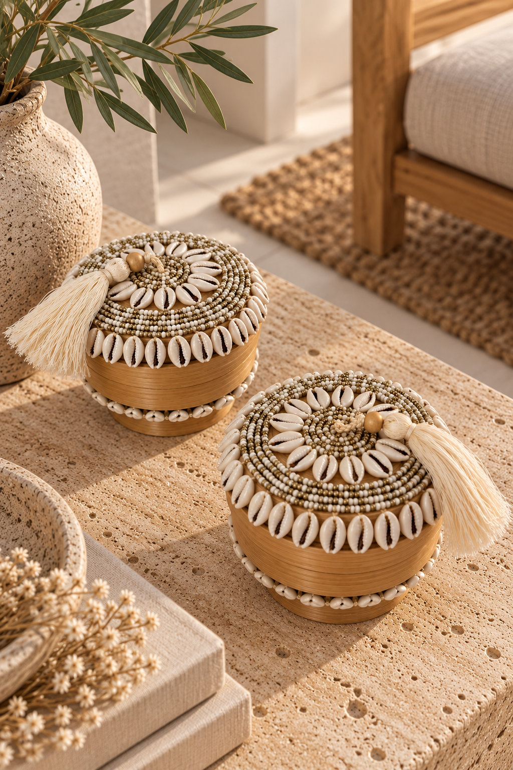 Mini boîte décorative en perles et coquillages cauris