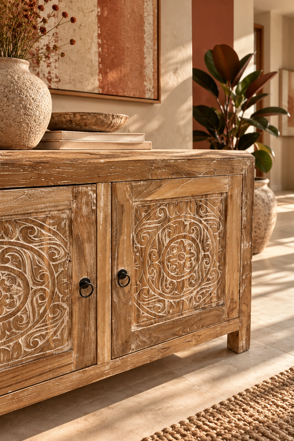 Buffet balinais en bois sculpté et patiné