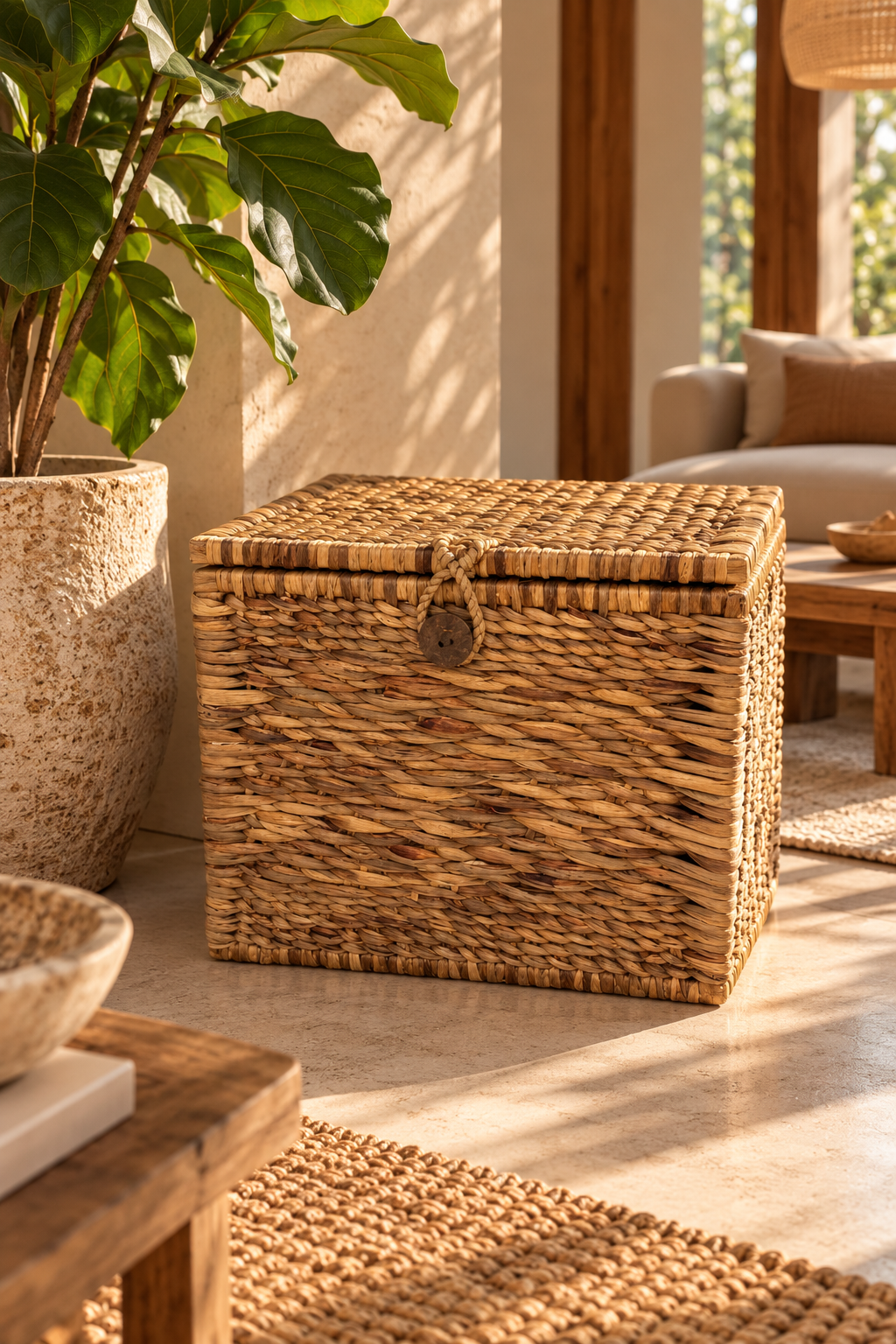 Coffre de rangement en fibres naturelles tressées