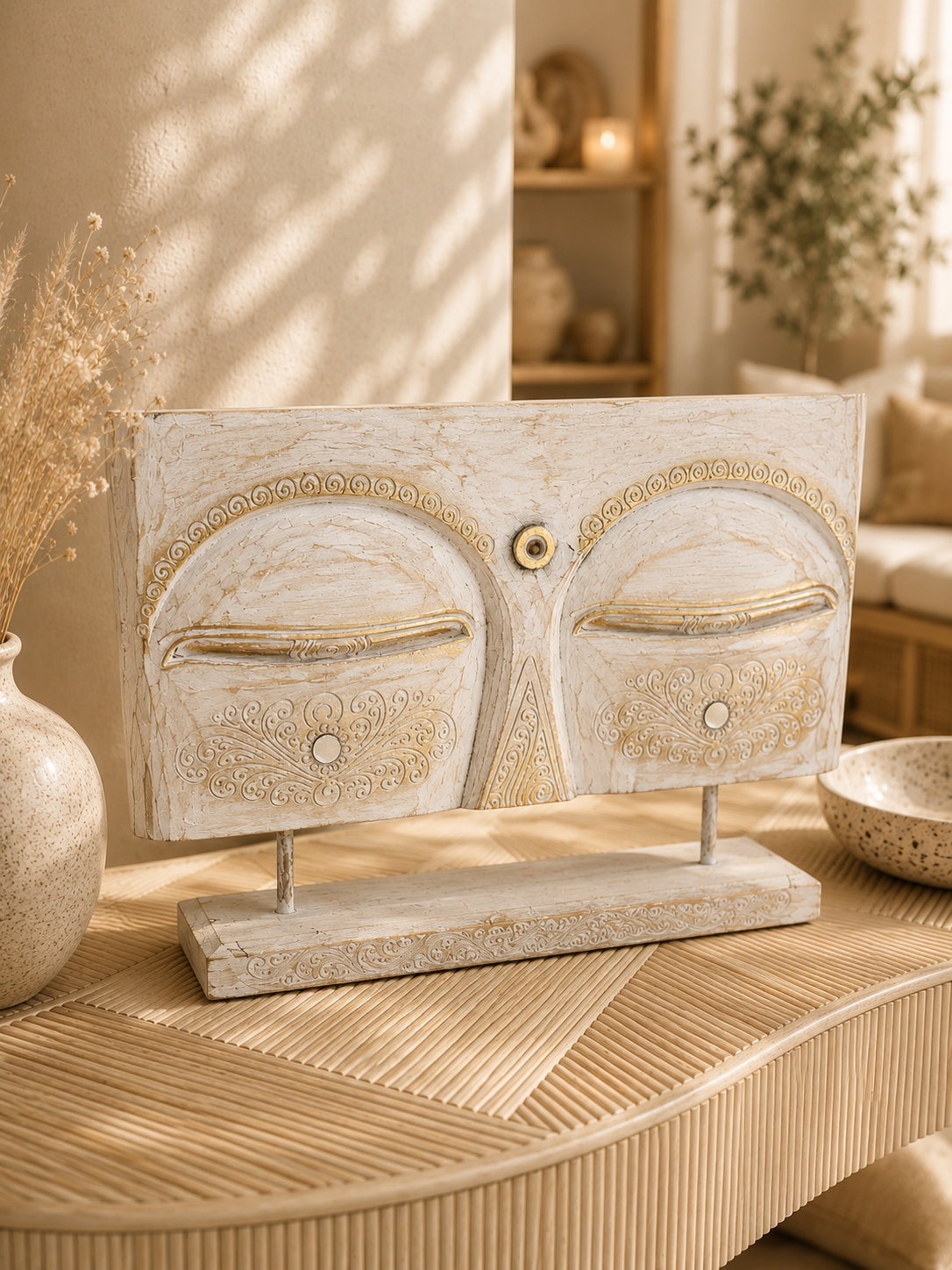 Sculpture visage en bois blanchi