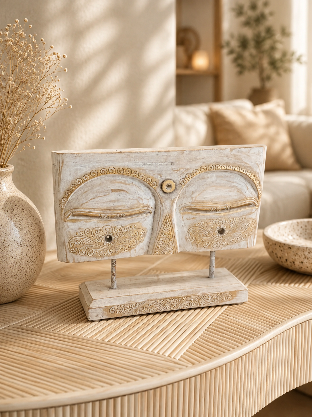 Sculpture visage en bois blanchi