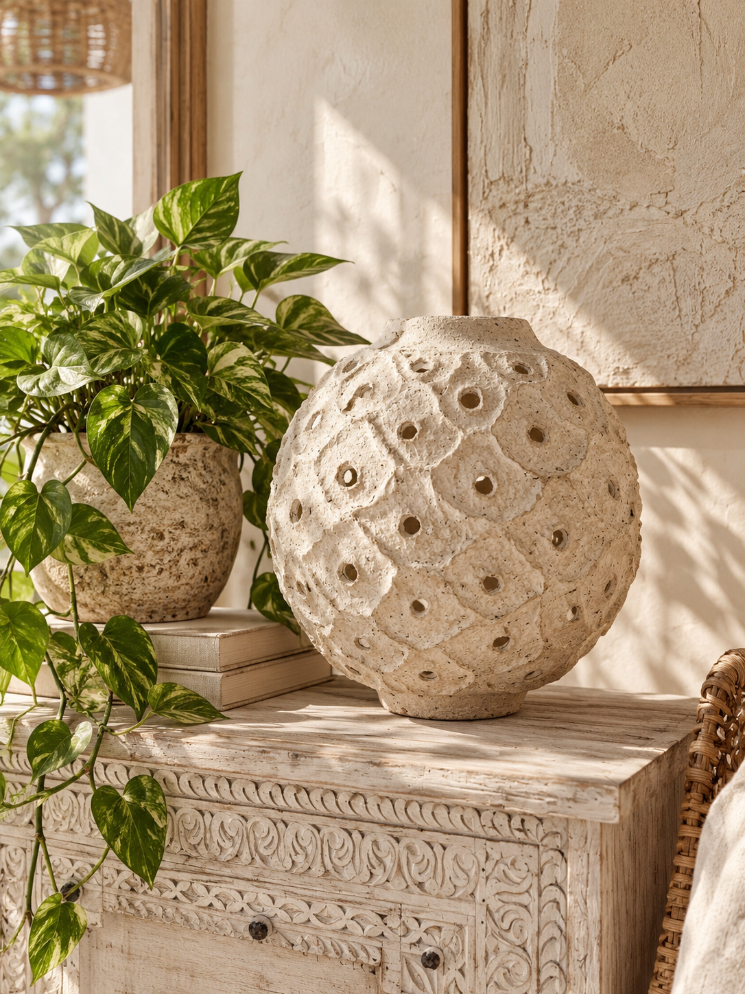 Vase décoratif indien en papier mâché et miroirs