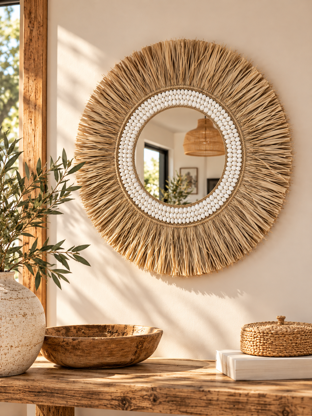 Miroir rond bohème en fibres naturelles et coquillages cauris