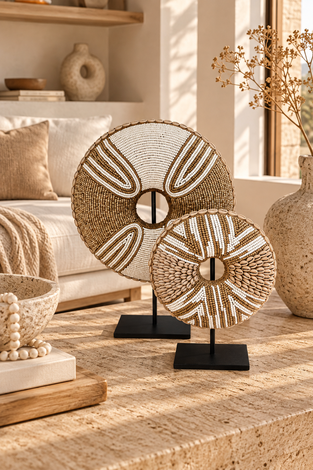 Donut décoratif en perles et coquillages sur socle