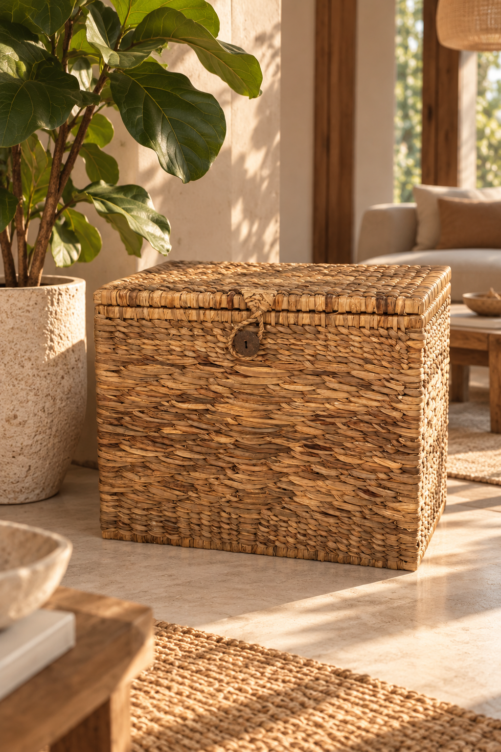 Coffre de rangement en fibres naturelles tressées