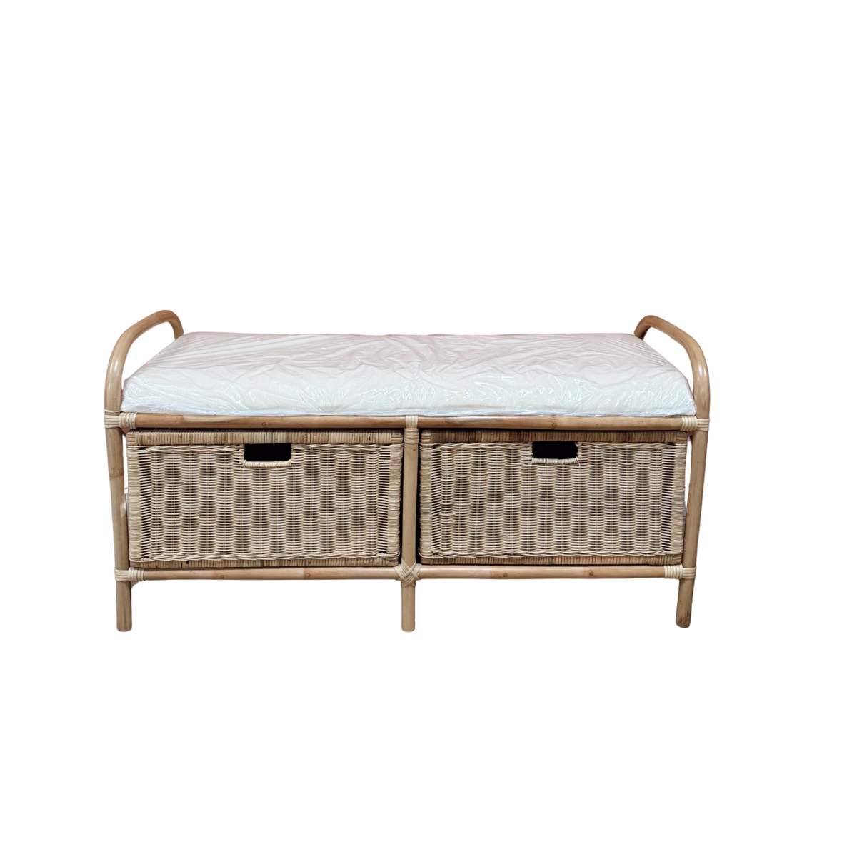 Banc en rotin avec tiroirs et coussin
