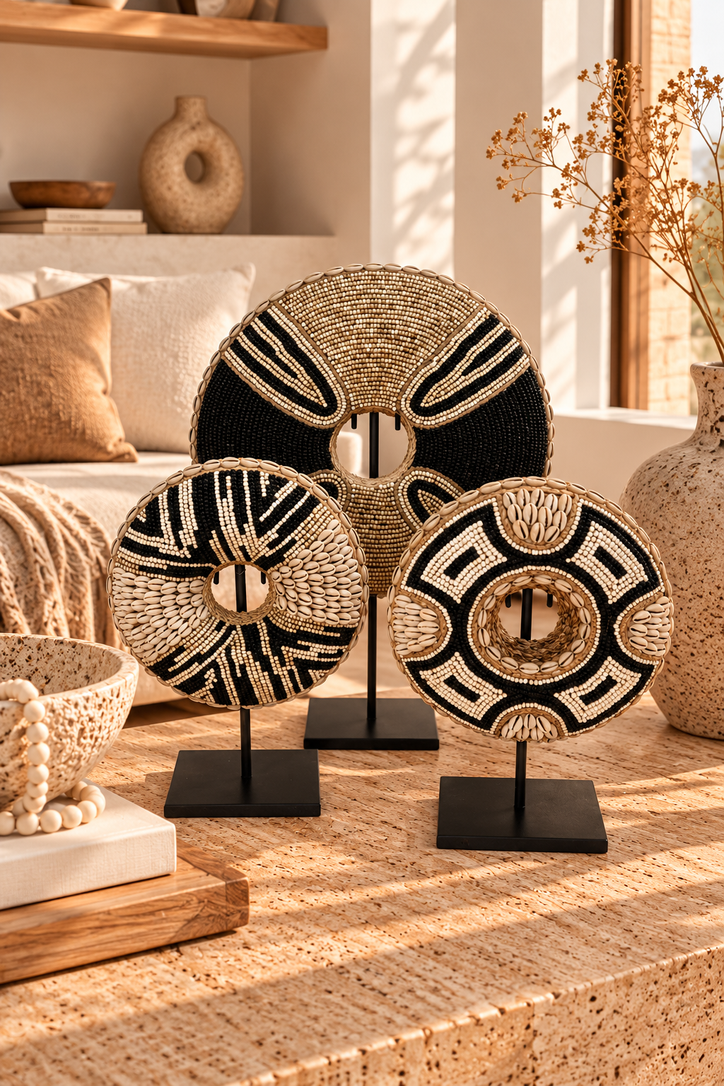 Donut décoratif en perles et coquillages sur socle