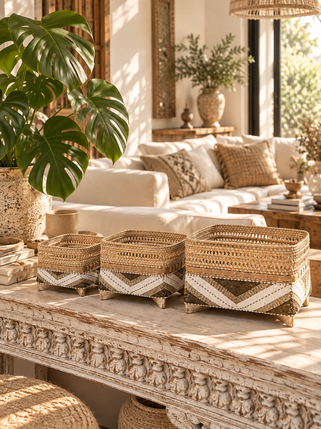 Panière de rangement tressée à motifs ethniques