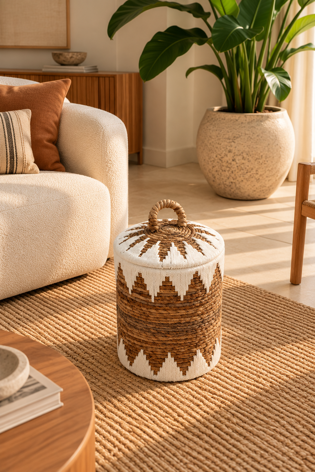 Paniers de rangement tressés avec couvercle, naturel et blanc