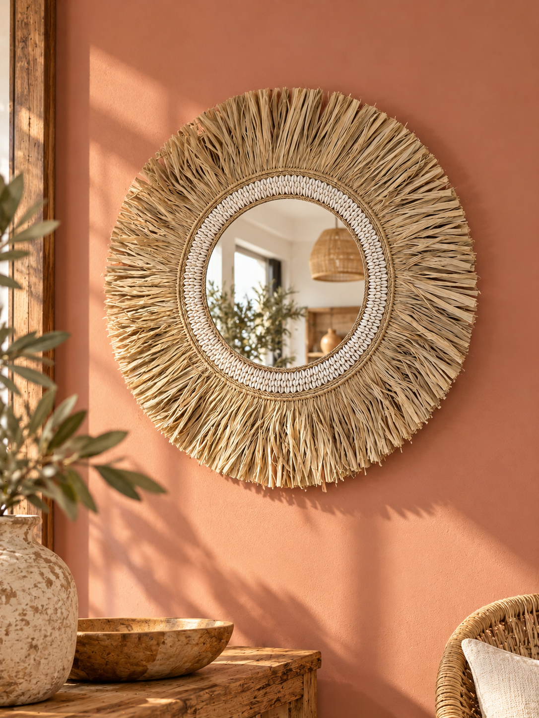 Miroir rond bohème en fibres naturelles et coquillages cauris | 60 cm