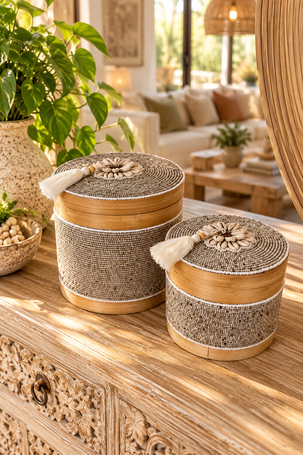 Boîte décorative en perles beiges et coquillages