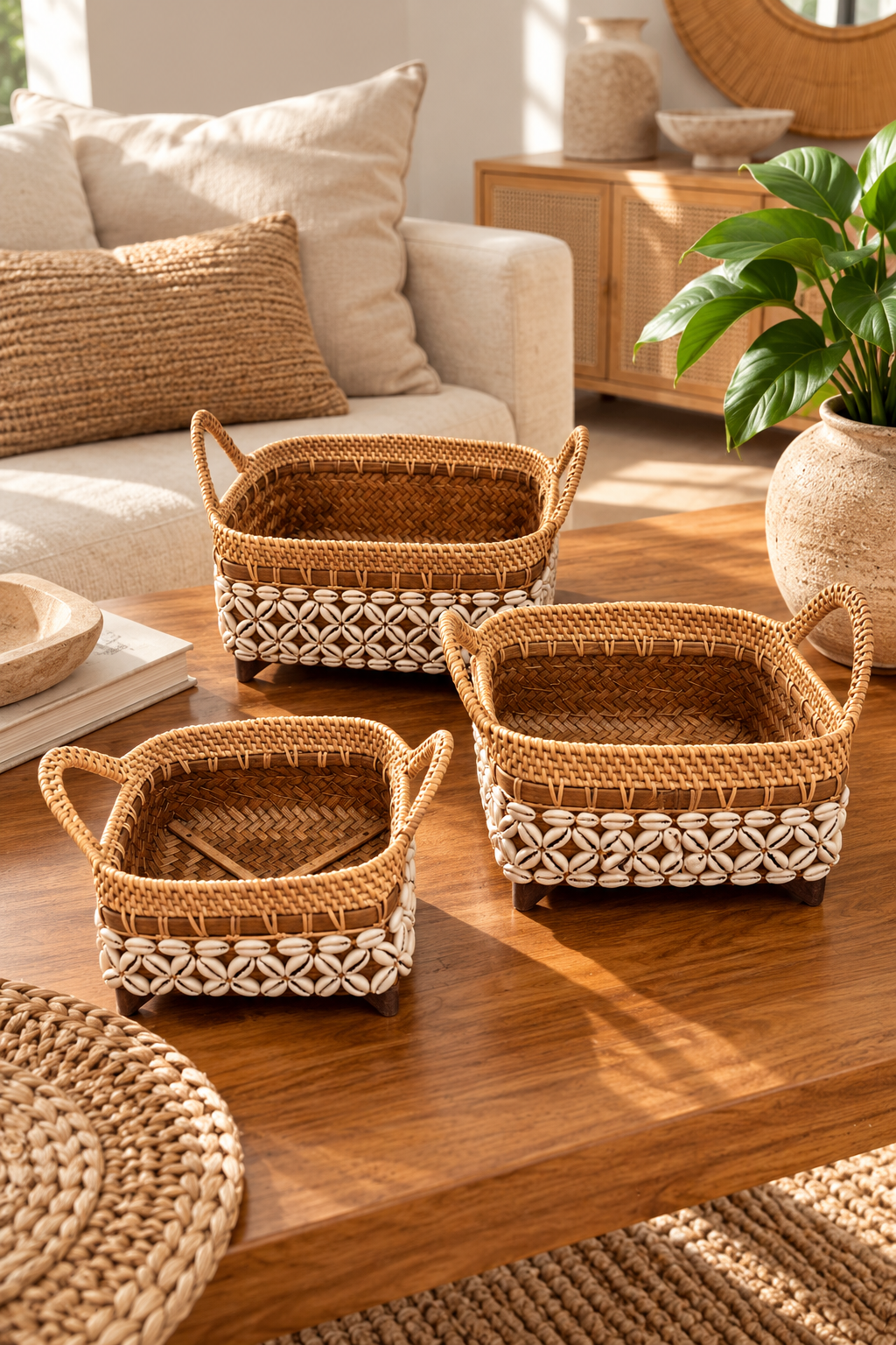 Panier de rangement en rotin et coquillages cauris