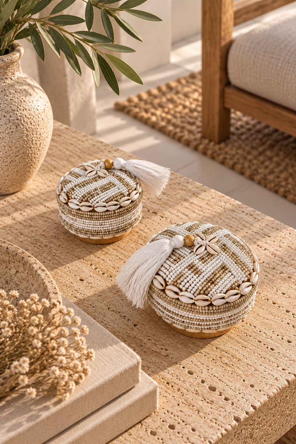 Mini boîte décorative en perles et coquillages cauris