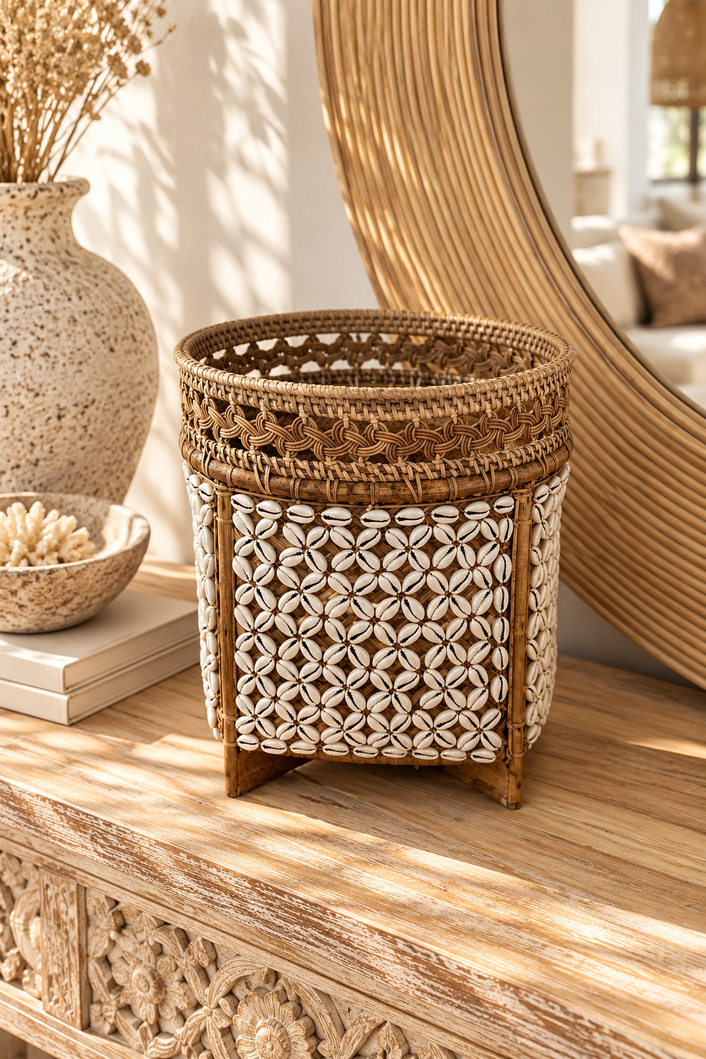 Corbeille de rangement tressée en coquillages cauris