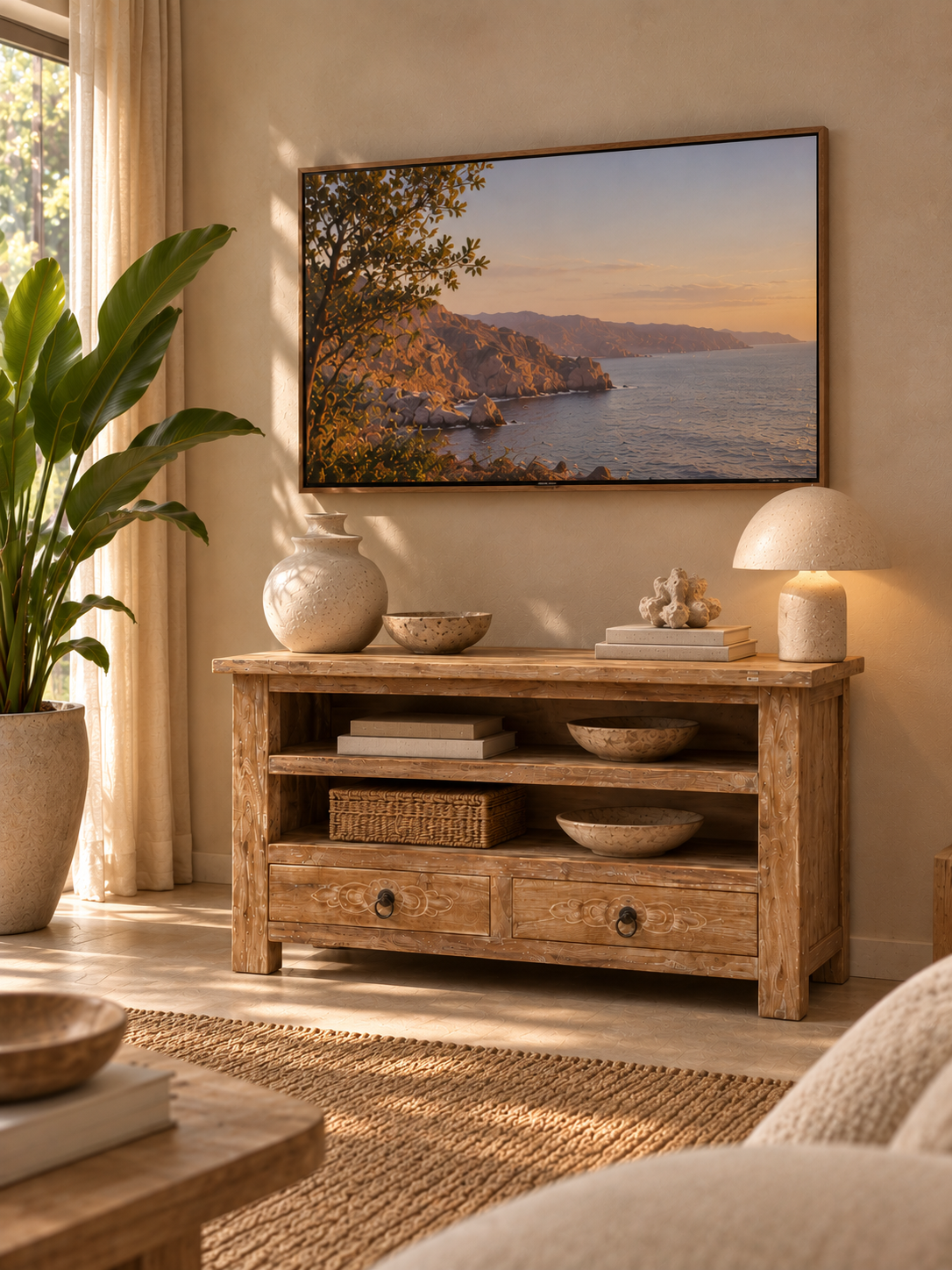 Meuble TV balinais en bois sculpté