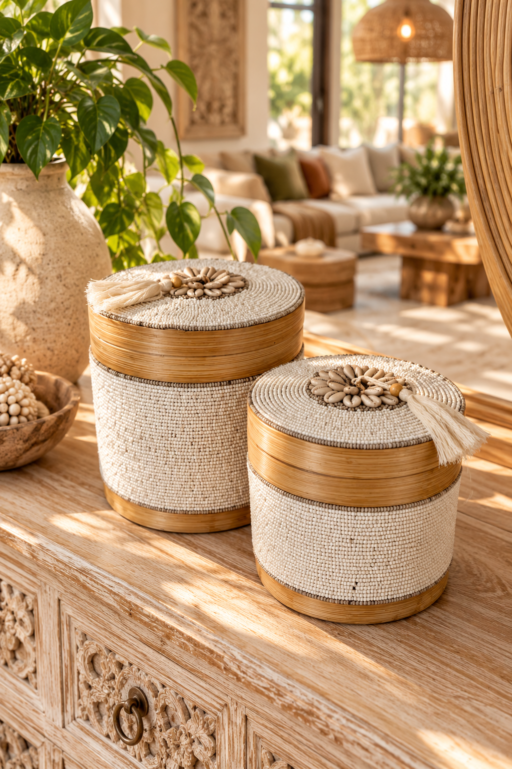 Boîte décorative en perles blanches et coquillages
