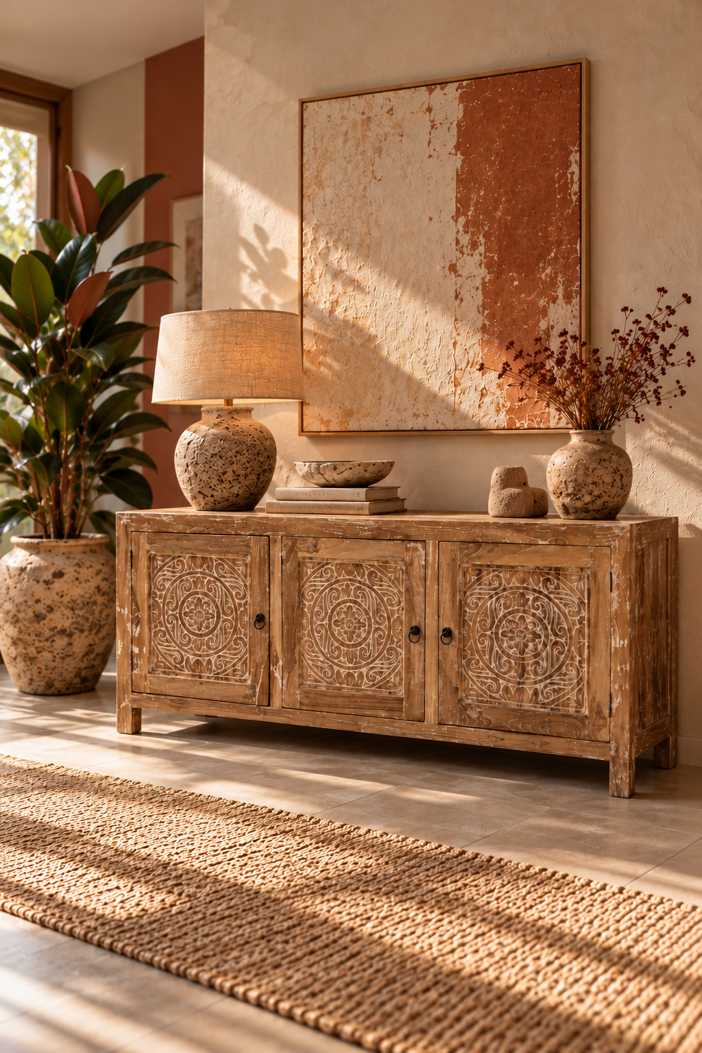 Buffet balinais en bois sculpté et patiné