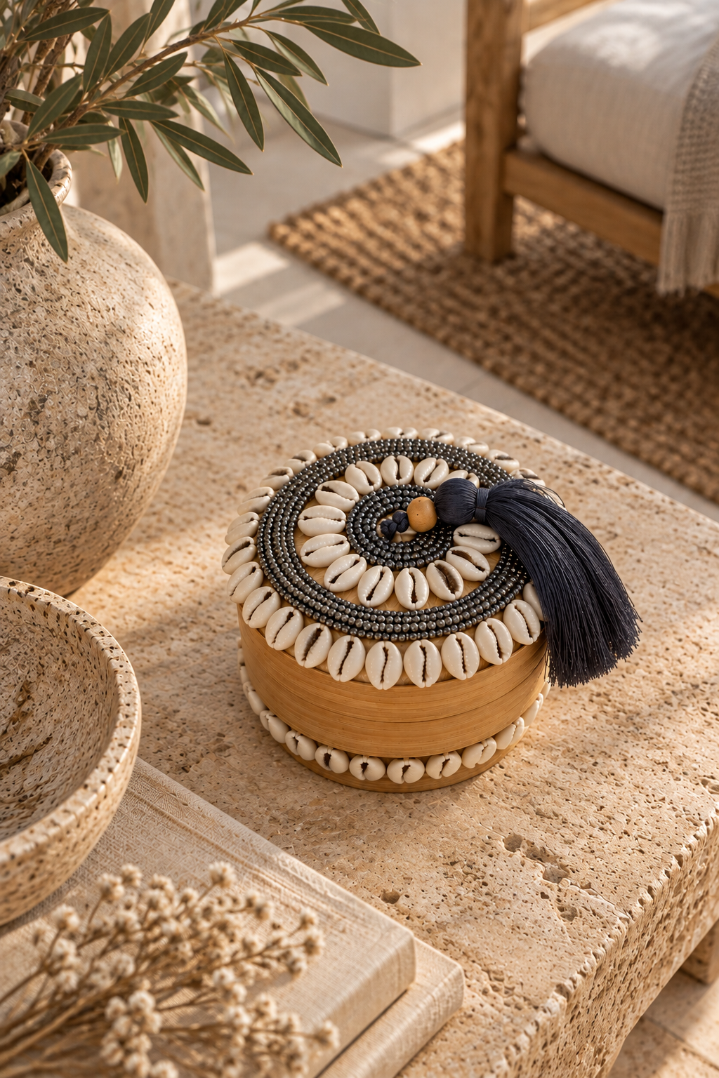Mini boîte décorative en perles et coquillages cauris