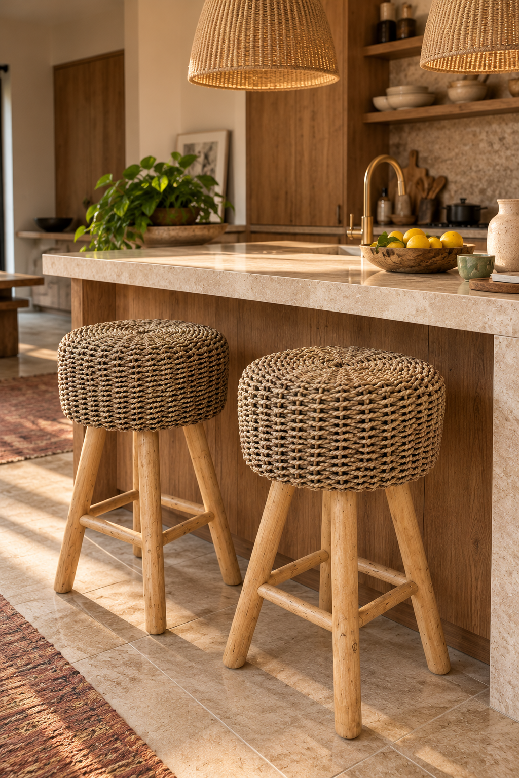 Tabouret de bar en fibres naturelles tressées et bois