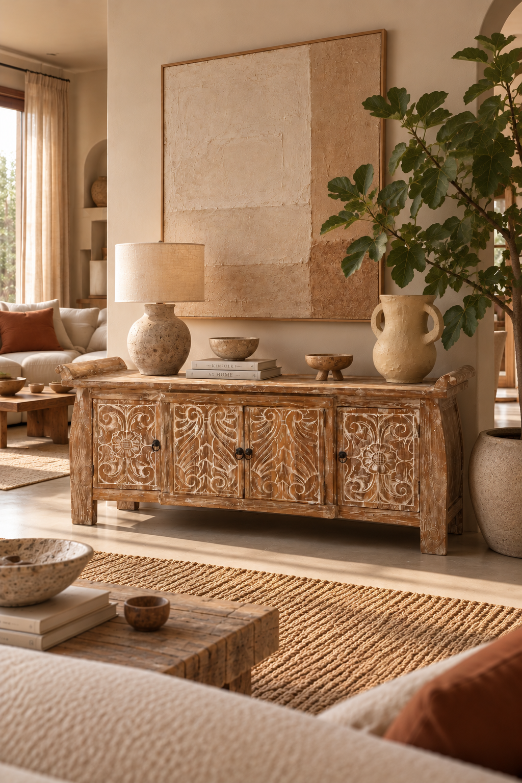 Buffet balinais en bois sculpté et patiné