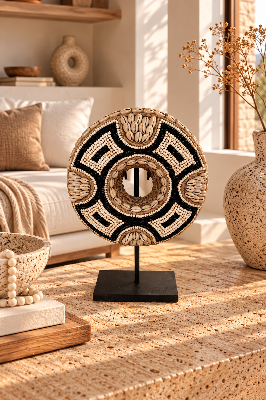 Donut décoratif en perles et coquillages sur socle