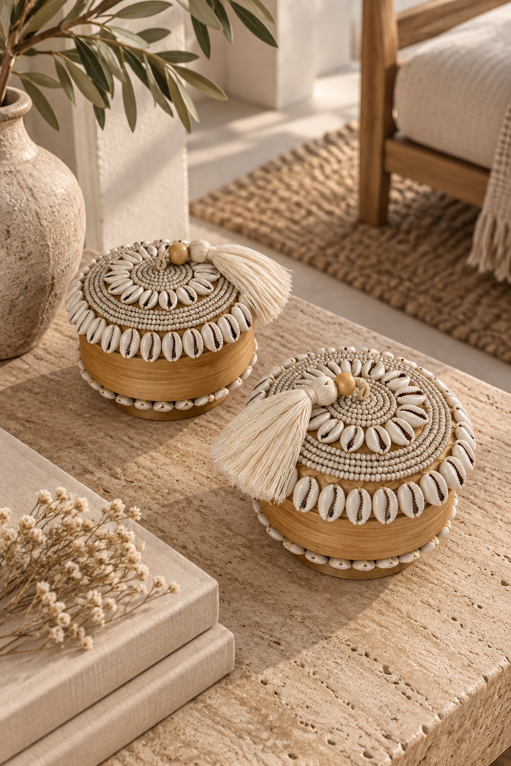 Mini boîte décorative en perles et coquillages cauris