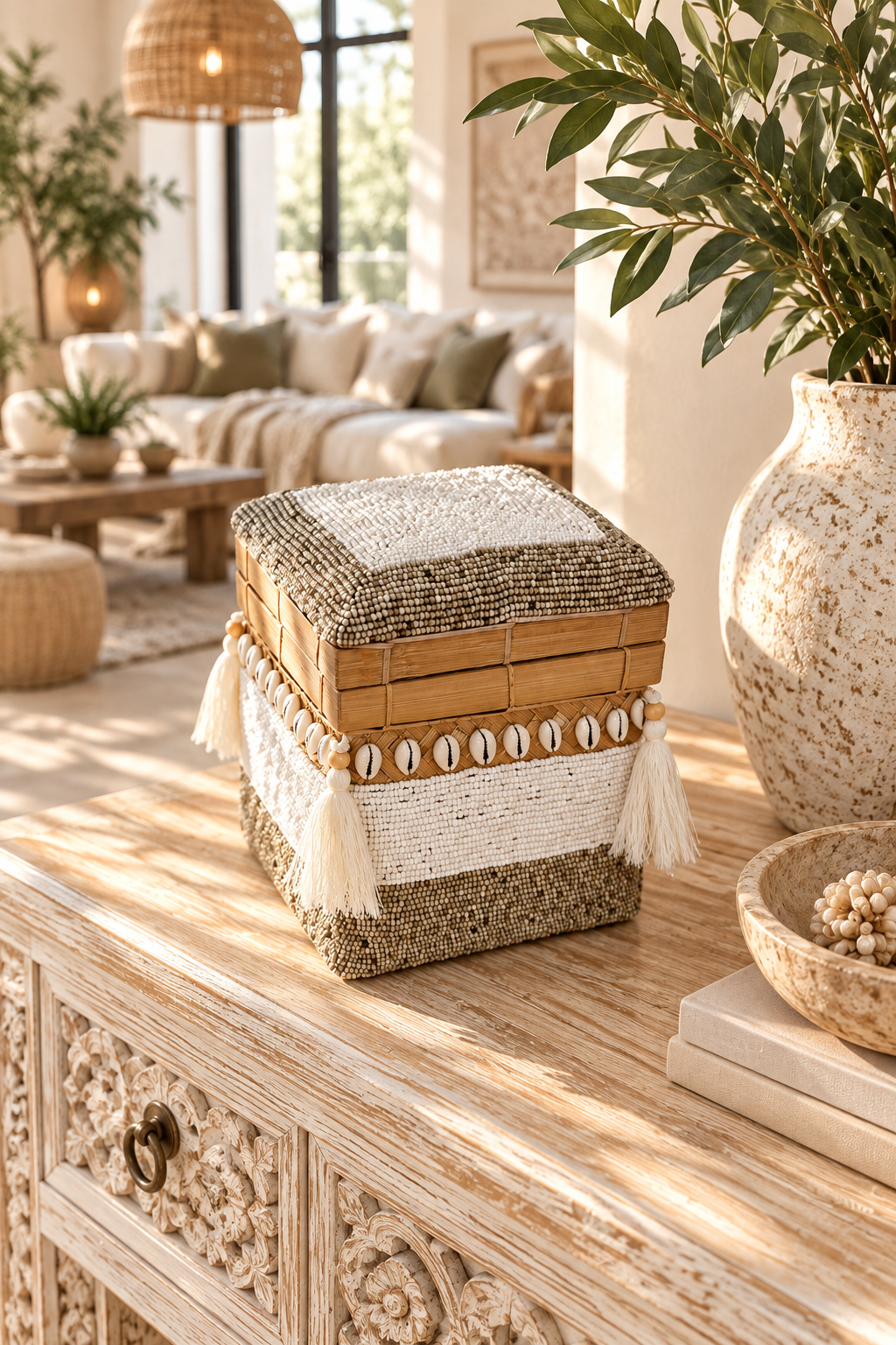 Boîte décorative carrée en bambou, perles et coquillages cauris