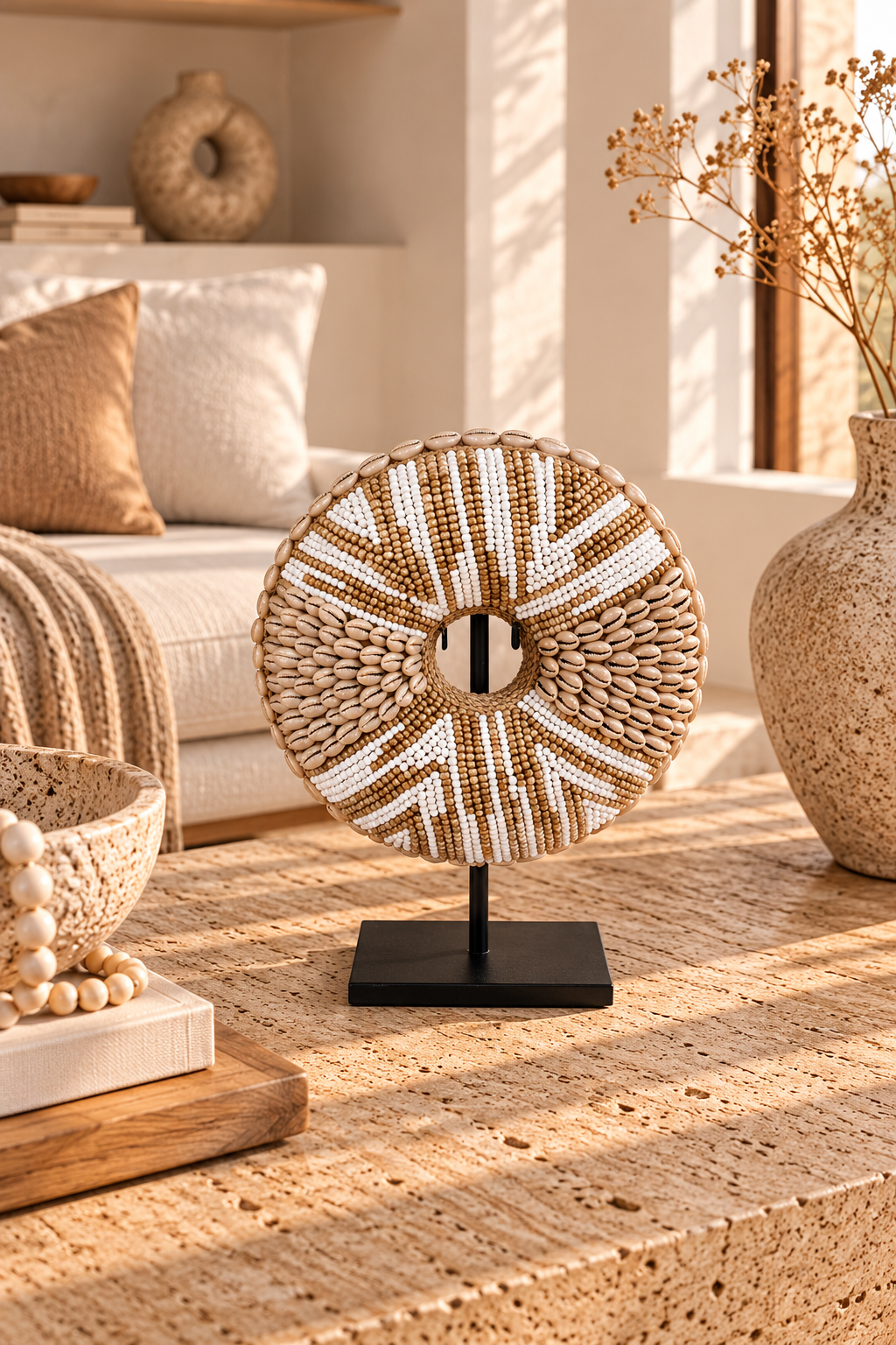 Donut décoratif en perles et coquillages sur socle