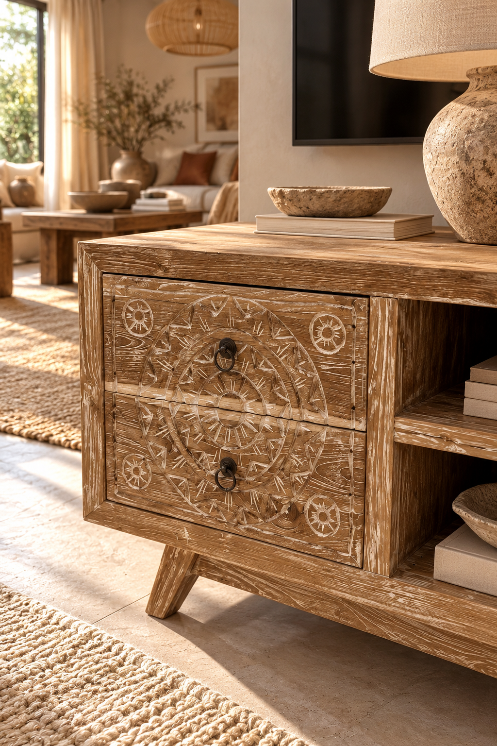 Meuble TV balinais en bois sculpté