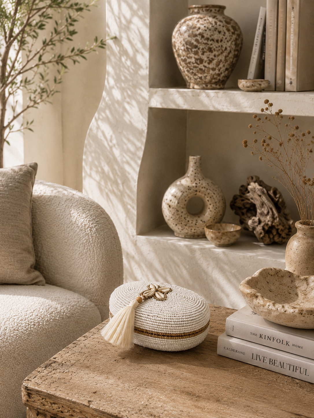 Boîte ovale en perles et coquillages