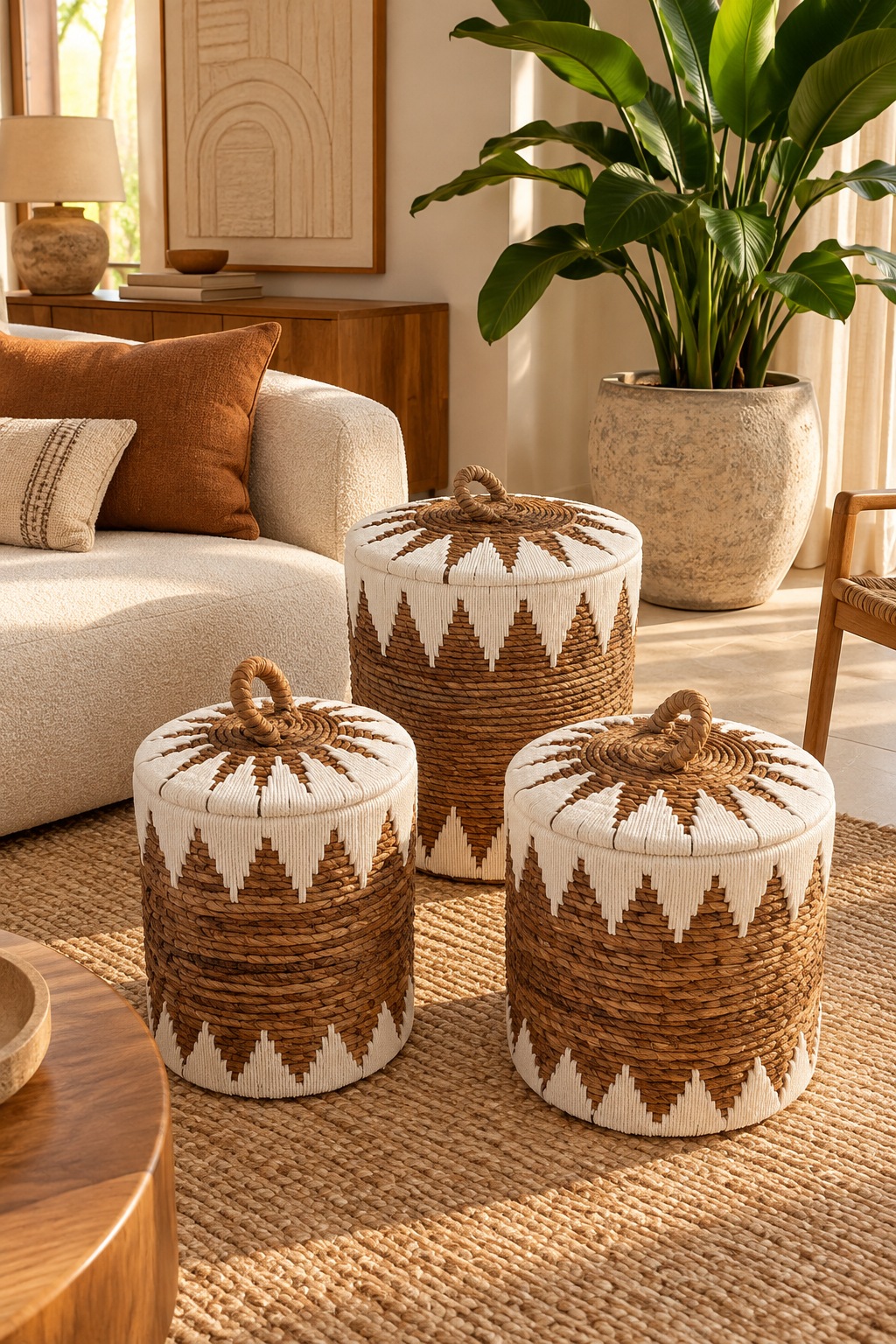Paniers de rangement tressés avec couvercle, naturel et blanc