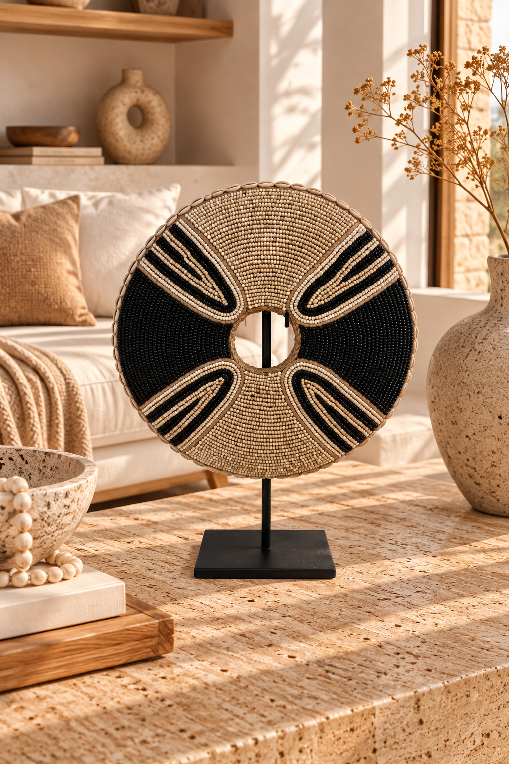 Donut décoratif en perles et coquillages sur socle