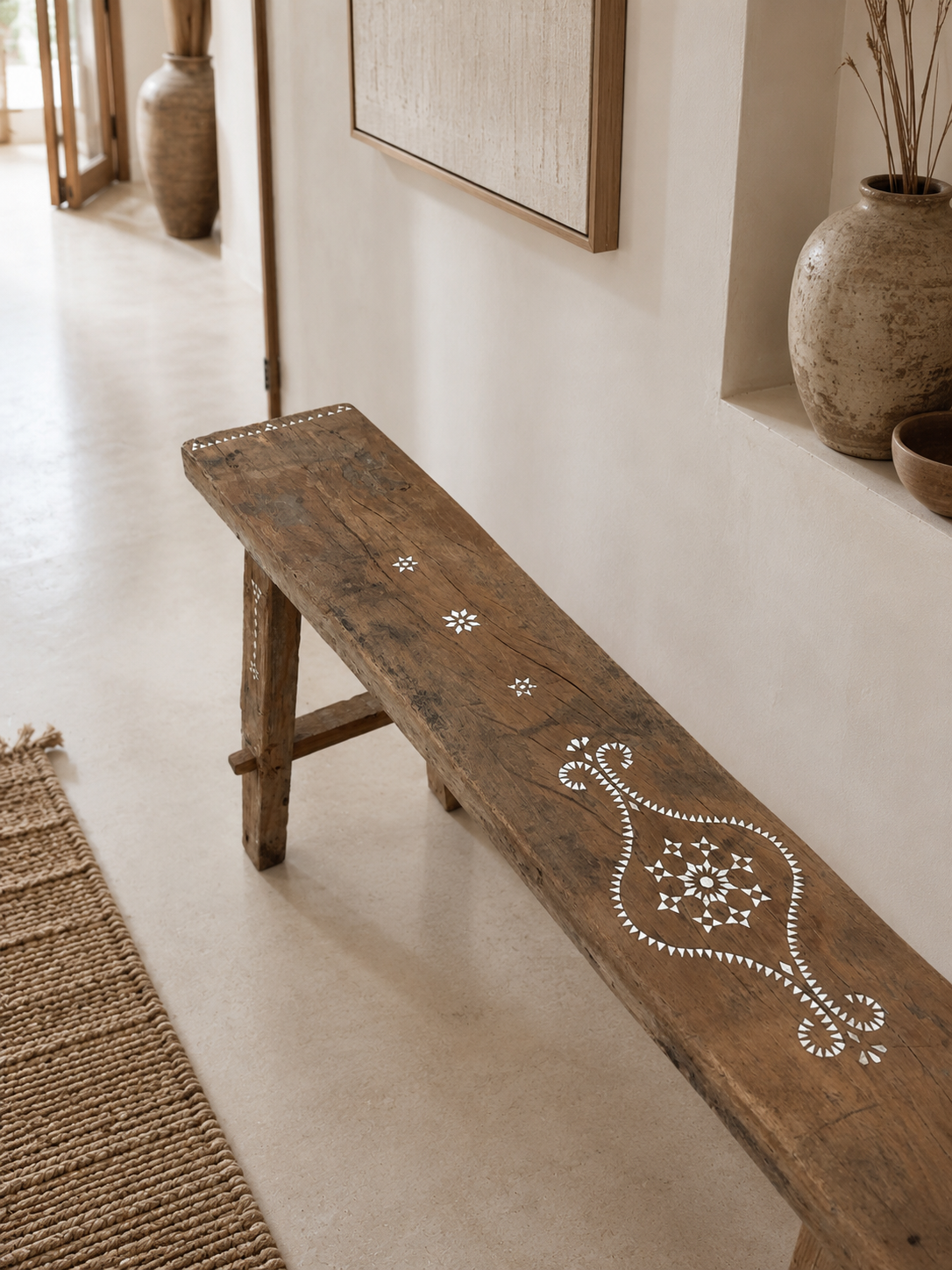Banc en teck incrusté de nacre