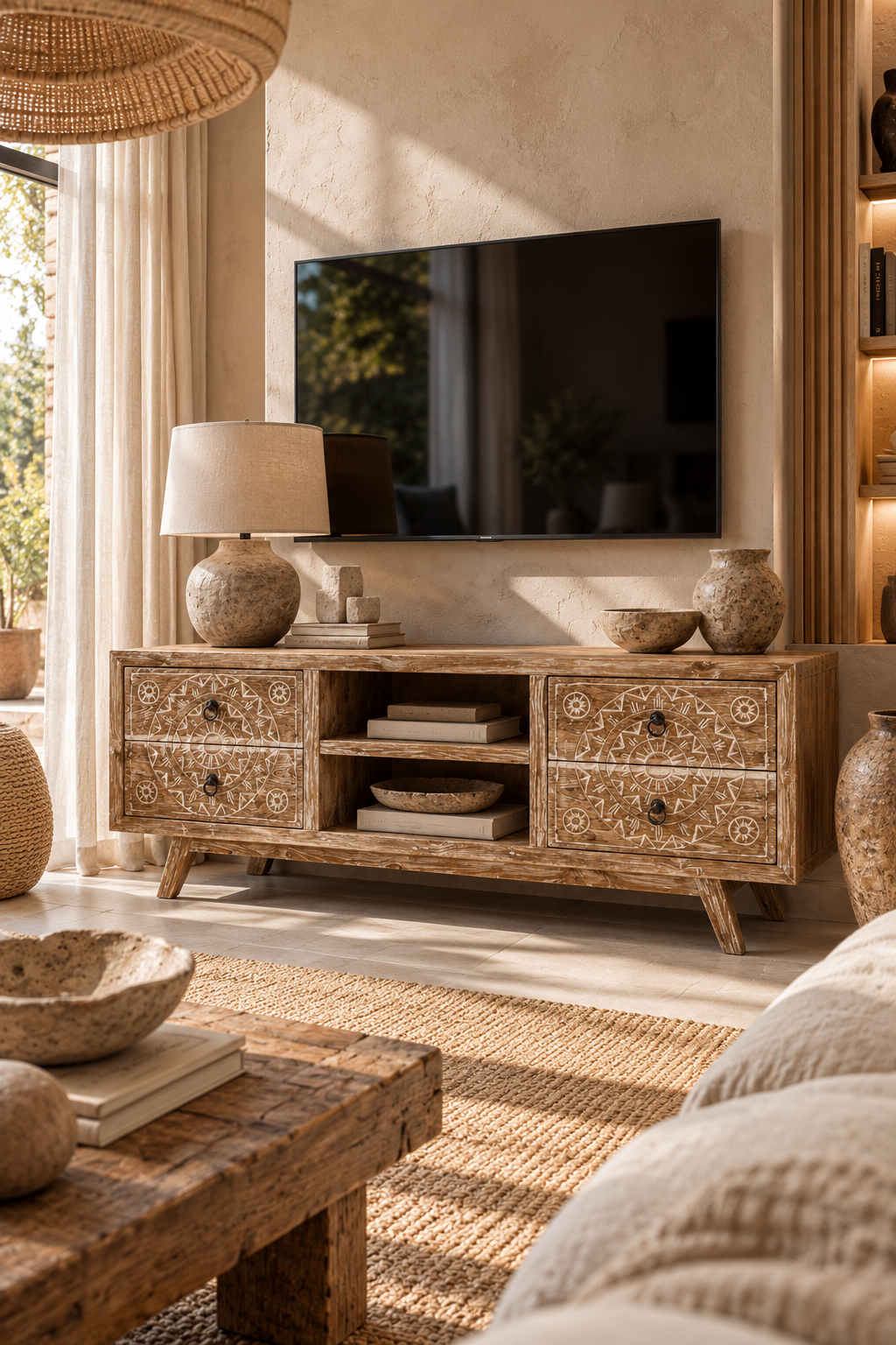 Meuble TV balinais en bois sculpté