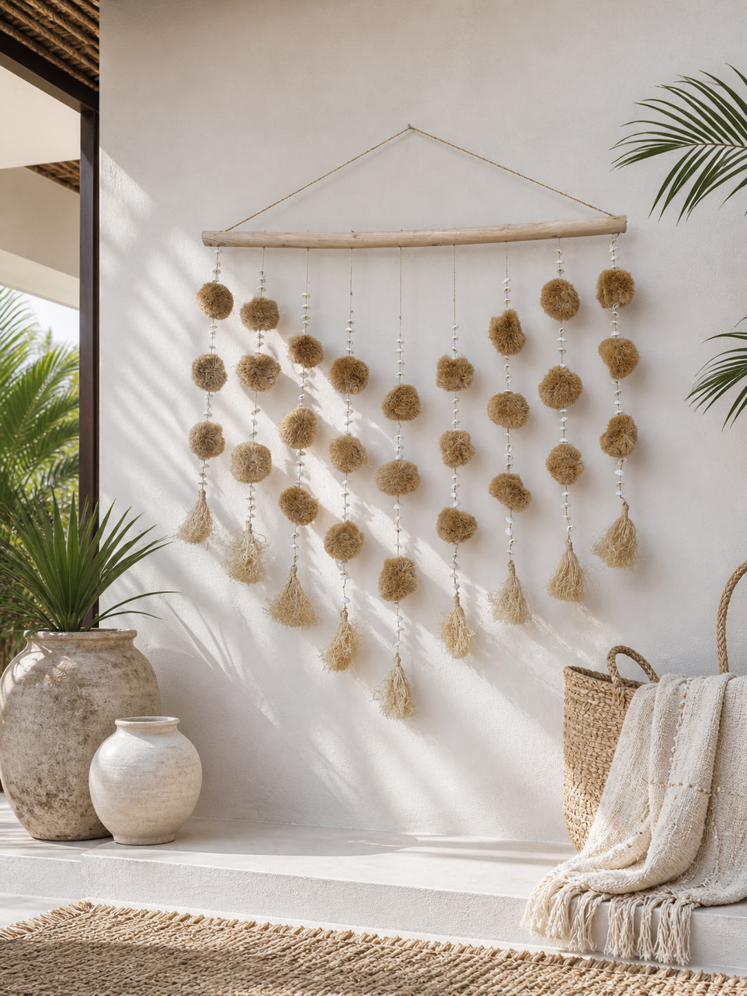 Décoration murale bohème pompons & coquillages